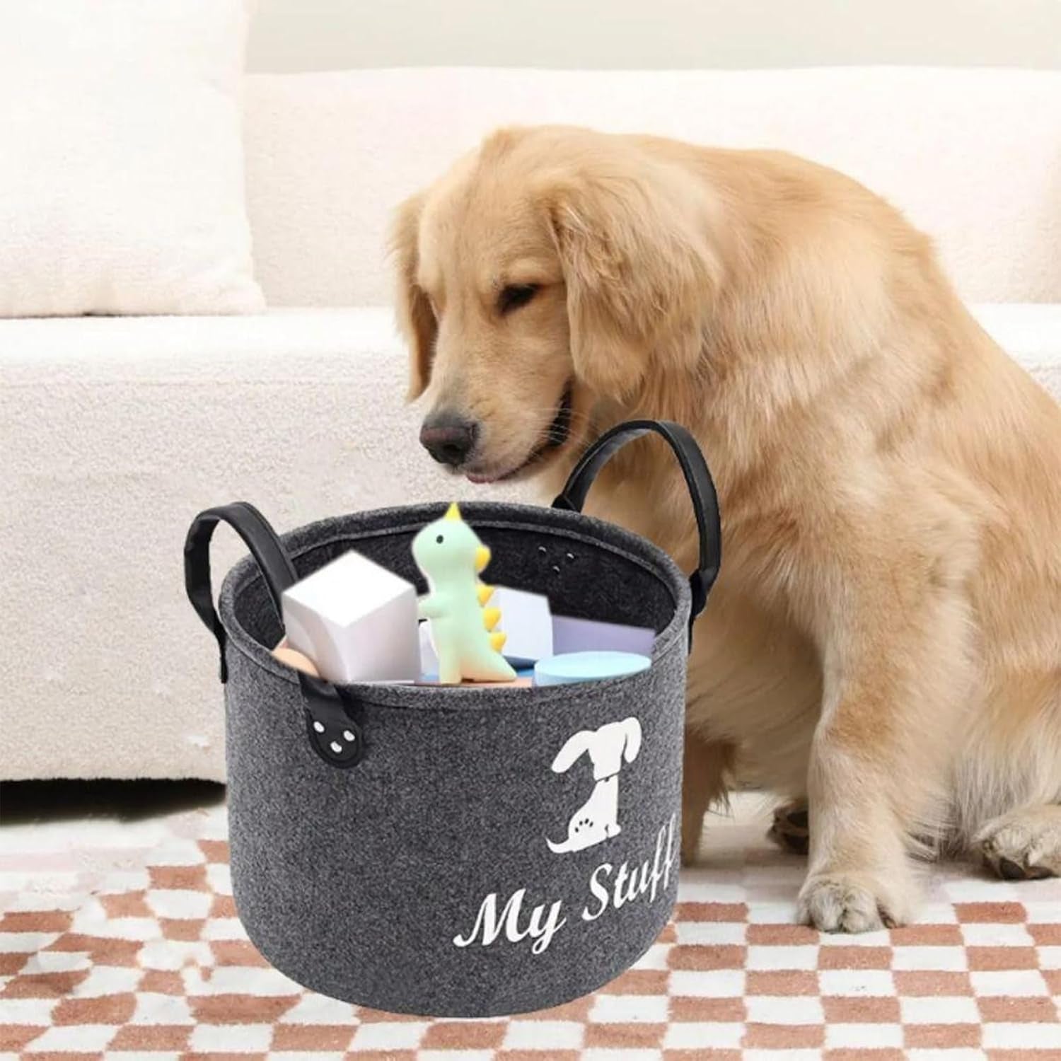 Dog Toy Storage, Dog Toy Box Storage, Toy Box for Dogs for Organizing Pet Toys Blankets Leashes Food - Dark Grey Felt