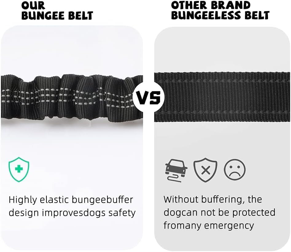 Dog Seat Belts for Cars - Dog Seat Belt Adjustable Elastic Bungee - Strong Durable Dog Car Harness - Car Dog Seat Belt 360 Degree Swivel Attach Won'T Twist, Reflective, Easy to Use (BLACK)