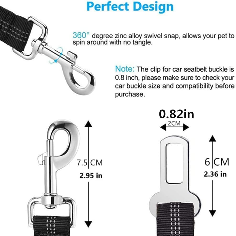 Dog Seat Belts for Cars - Dog Seat Belt Adjustable Elastic Bungee - Strong Durable Dog Car Harness - Car Dog Seat Belt 360 Degree Swivel Attach Won'T Twist, Reflective, Easy to Use (BLACK)