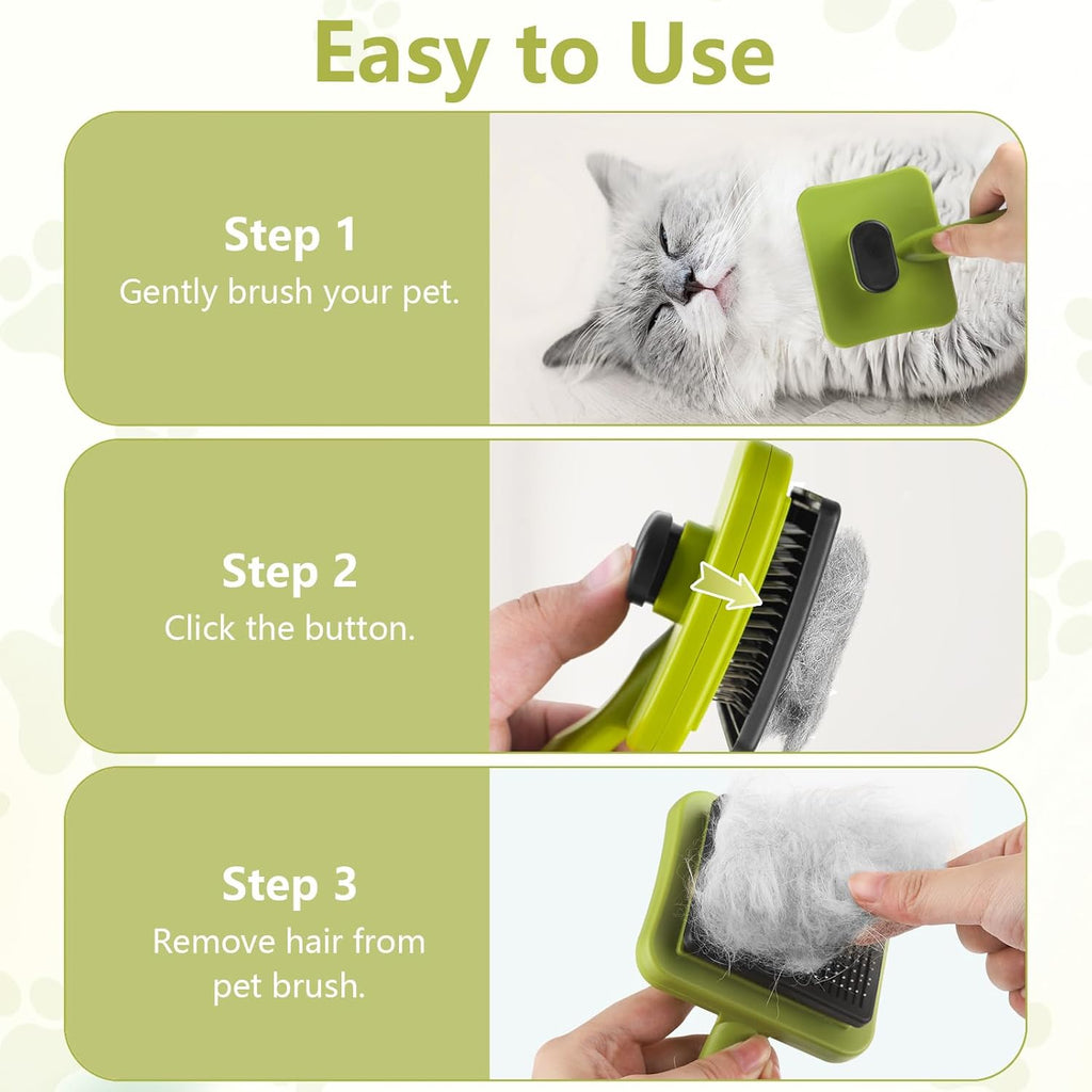 Dog Brush Cat Brush, Cat Grooming Comb Self Cleaning Pet Hair Comb with Button Dog Grooming Tool for Small, Medium & Large Pet Shedding Massage Clean (Green)