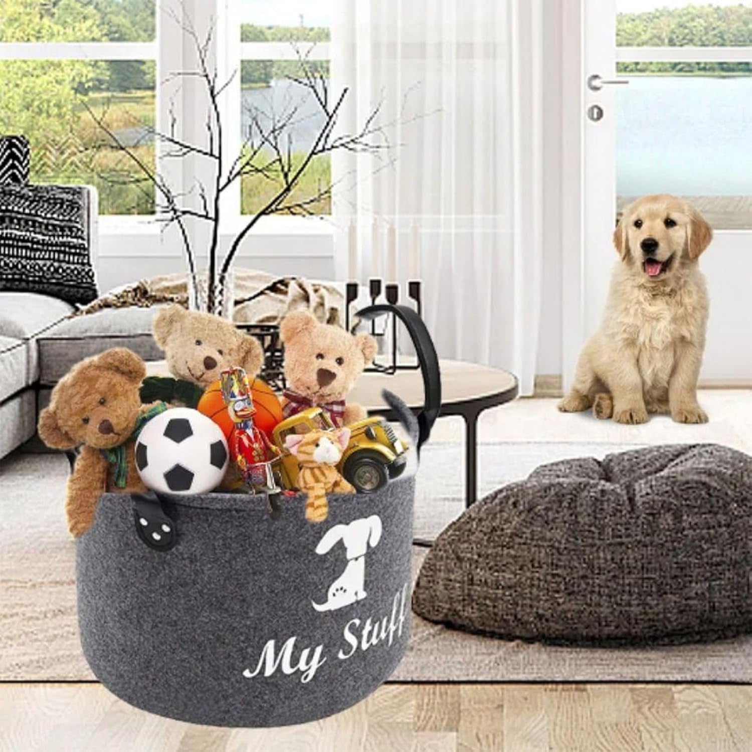 Dog Toy Storage, Dog Toy Box Storage, Toy Box for Dogs for Organizing Pet Toys Blankets Leashes Food - Dark Grey Felt