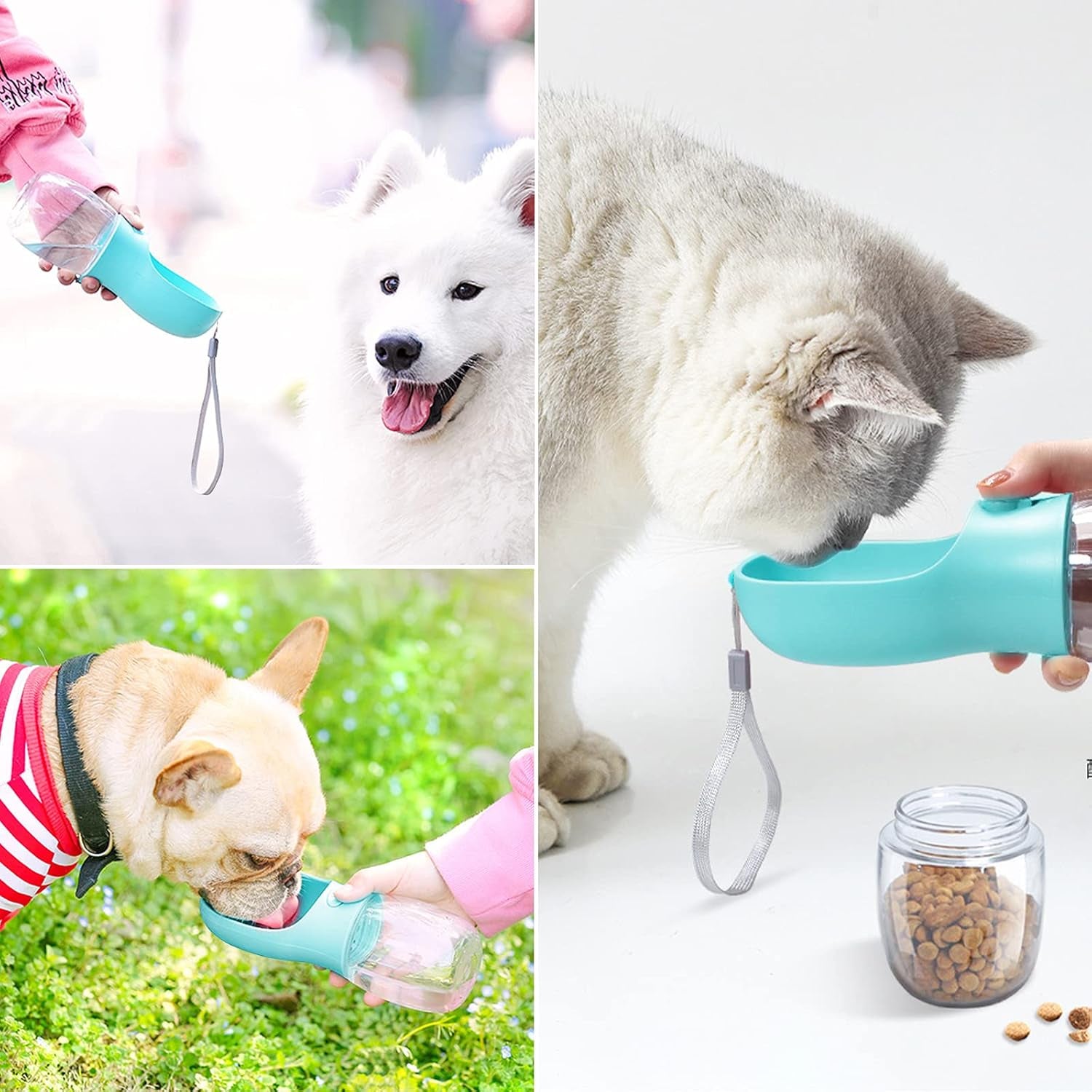 3 in 1 Portable Dog Water Bottle with Food Container and Waste Bag, Multifunctional Pet Travel Water Dispenser Water Bottle for outside Drinking and Eating, Suitable for Puppy and Cats