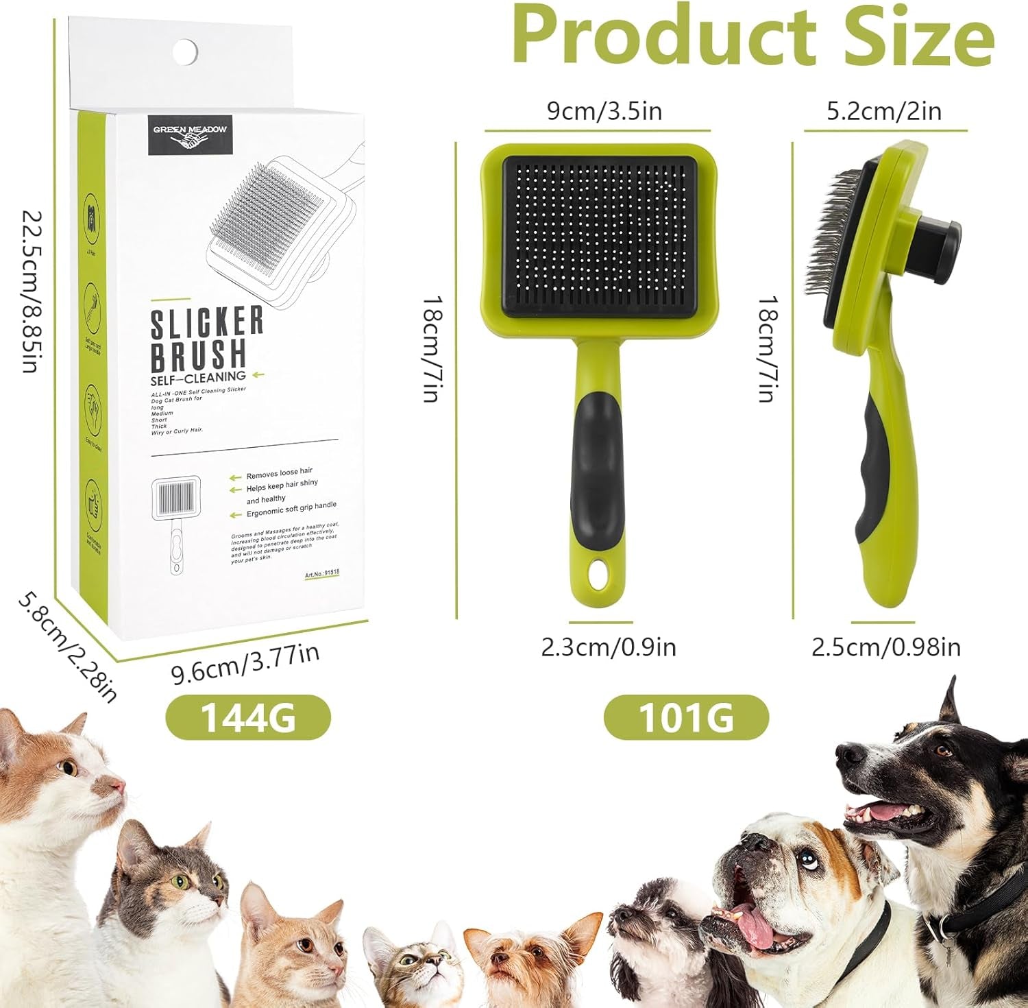 Dog Brush Cat Brush, Cat Grooming Comb Self Cleaning Pet Hair Comb with Button Dog Grooming Tool for Small, Medium & Large Pet Shedding Massage Clean (Green)