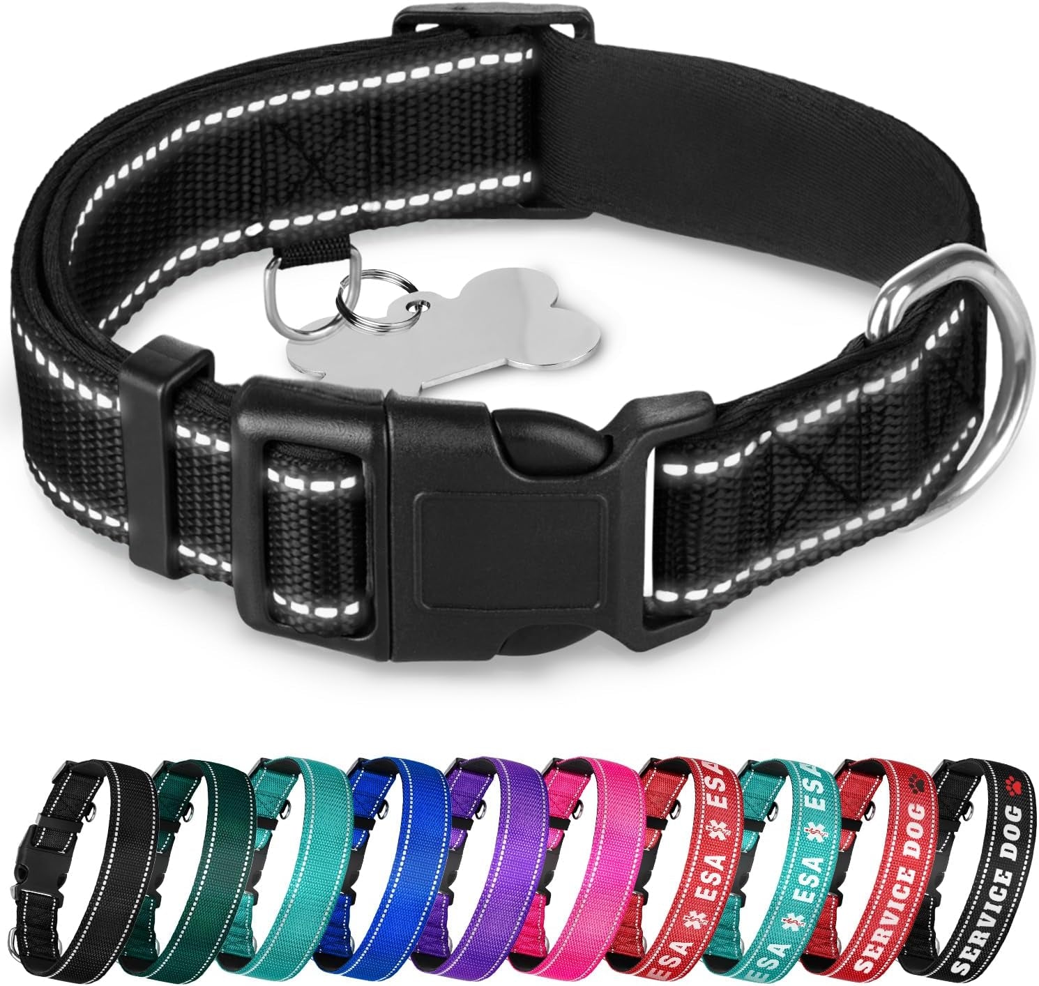 Reflective Dog Collar Black M – Soft Padding – Nylon, Quick Release | Extra-Soft Neoprene Padding; Reflective Stitching for Night Walks; Durable ABS Quick-Release Buckle; D-Ring & ID Tag Ring