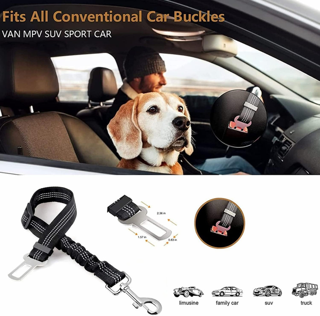 Dog Seat Belts for Cars - Dog Seat Belt Adjustable Elastic Bungee - Strong Durable Dog Car Harness - Car Dog Seat Belt 360 Degree Swivel Attach Won'T Twist, Reflective, Easy to Use (BLACK)