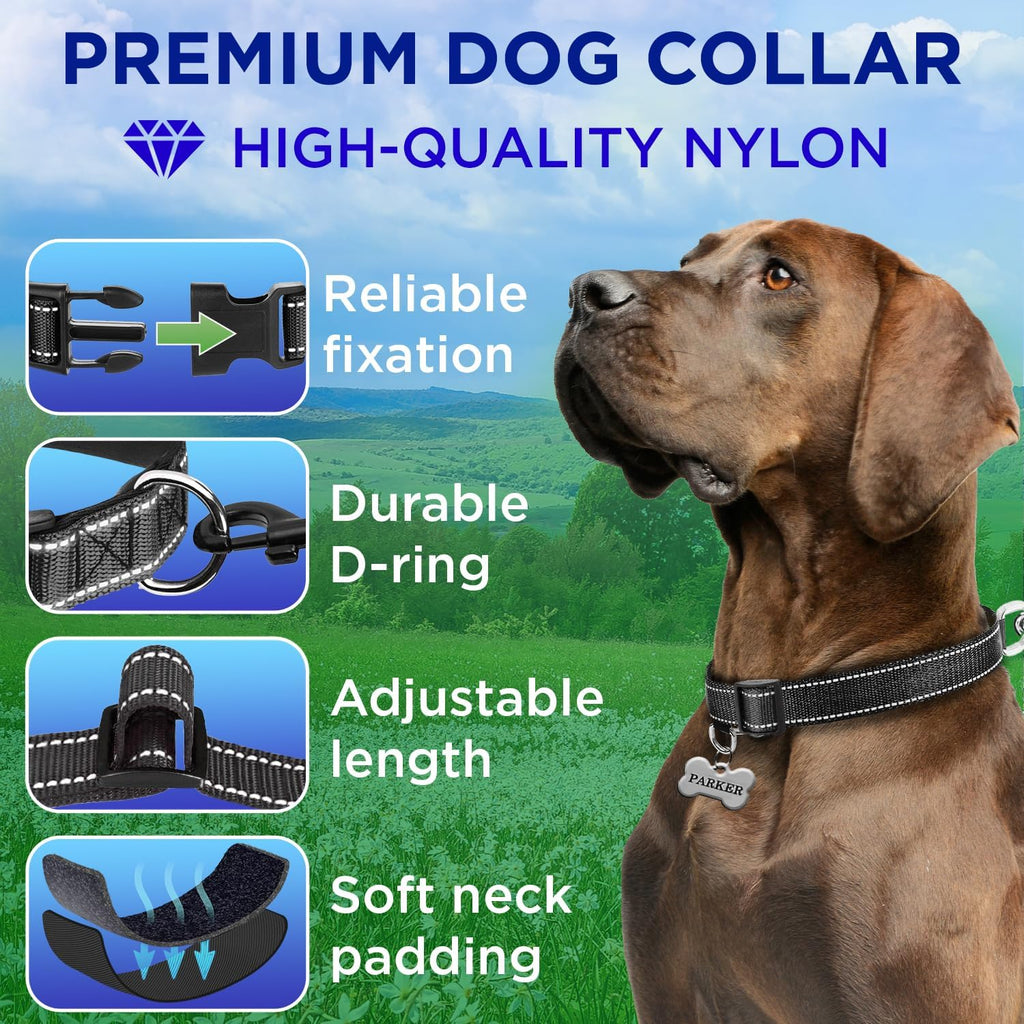 Reflective Dog Collar Black M – Soft Padding – Nylon, Quick Release | Extra-Soft Neoprene Padding; Reflective Stitching for Night Walks; Durable ABS Quick-Release Buckle; D-Ring & ID Tag Ring