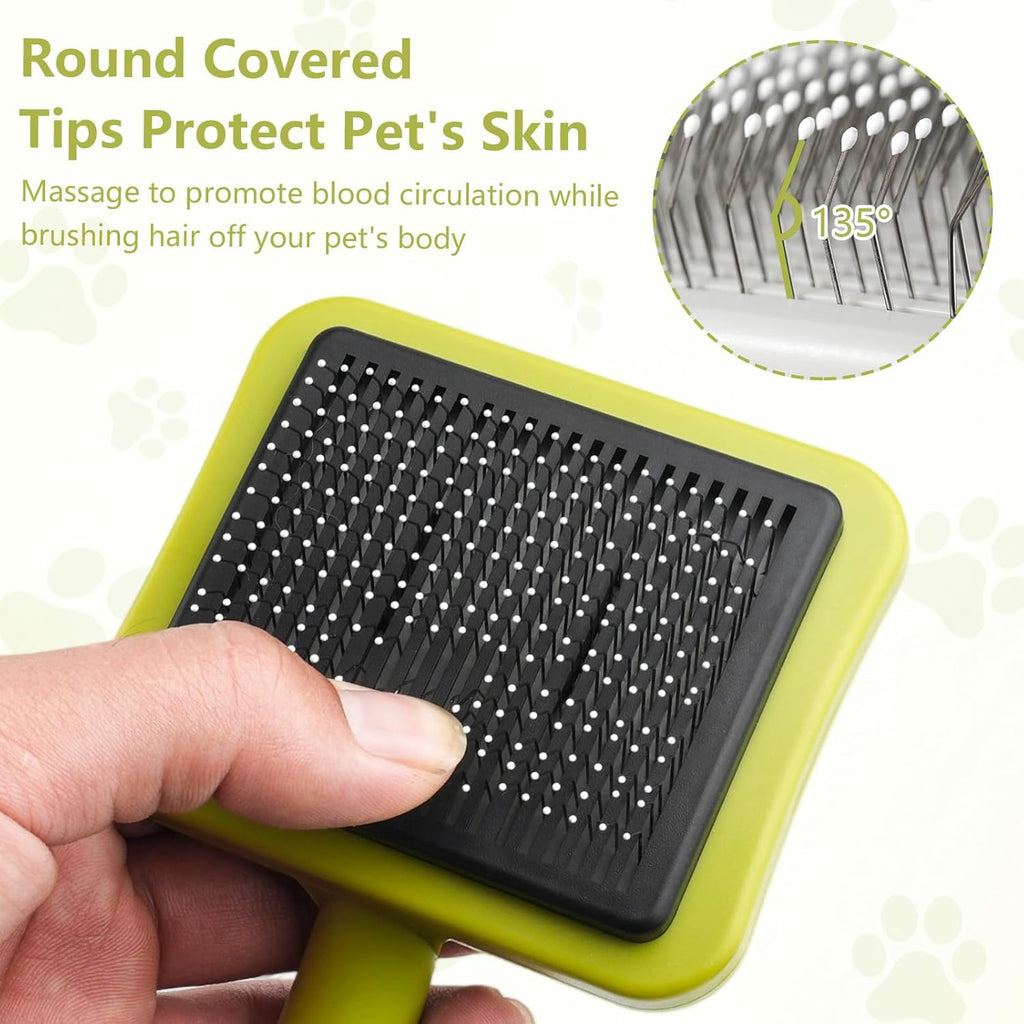 Dog Brush Cat Brush, Cat Grooming Comb Self Cleaning Pet Hair Comb with Button Dog Grooming Tool for Small, Medium & Large Pet Shedding Massage Clean (Green)