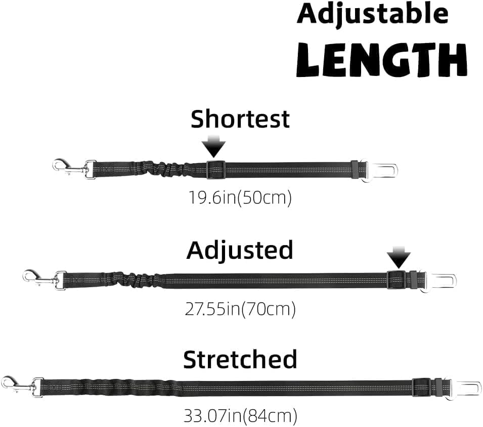 Dog Seat Belts for Cars - Dog Seat Belt Adjustable Elastic Bungee - Strong Durable Dog Car Harness - Car Dog Seat Belt 360 Degree Swivel Attach Won'T Twist, Reflective, Easy to Use (BLACK)