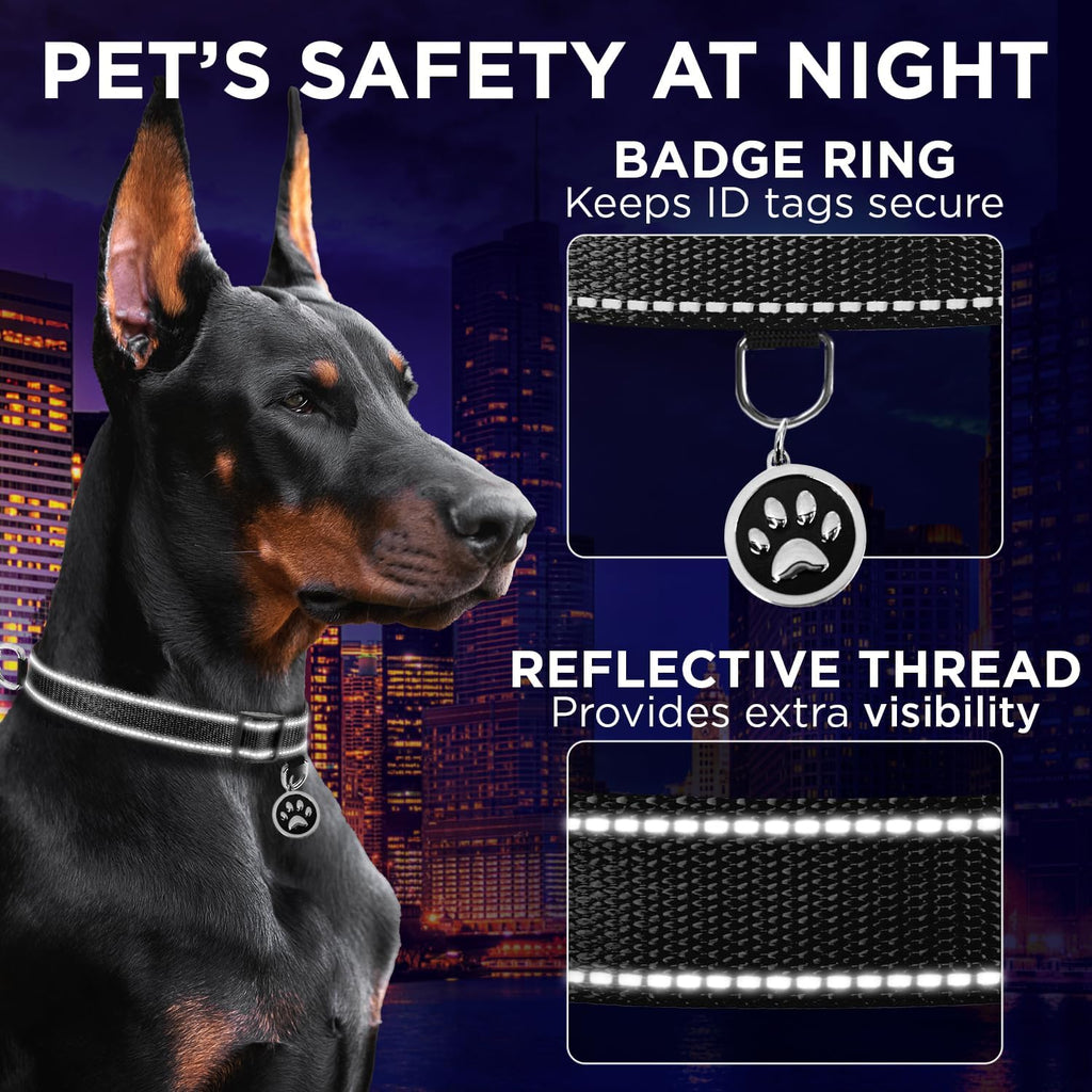 Reflective Dog Collar Black M – Soft Padding – Nylon, Quick Release | Extra-Soft Neoprene Padding; Reflective Stitching for Night Walks; Durable ABS Quick-Release Buckle; D-Ring & ID Tag Ring