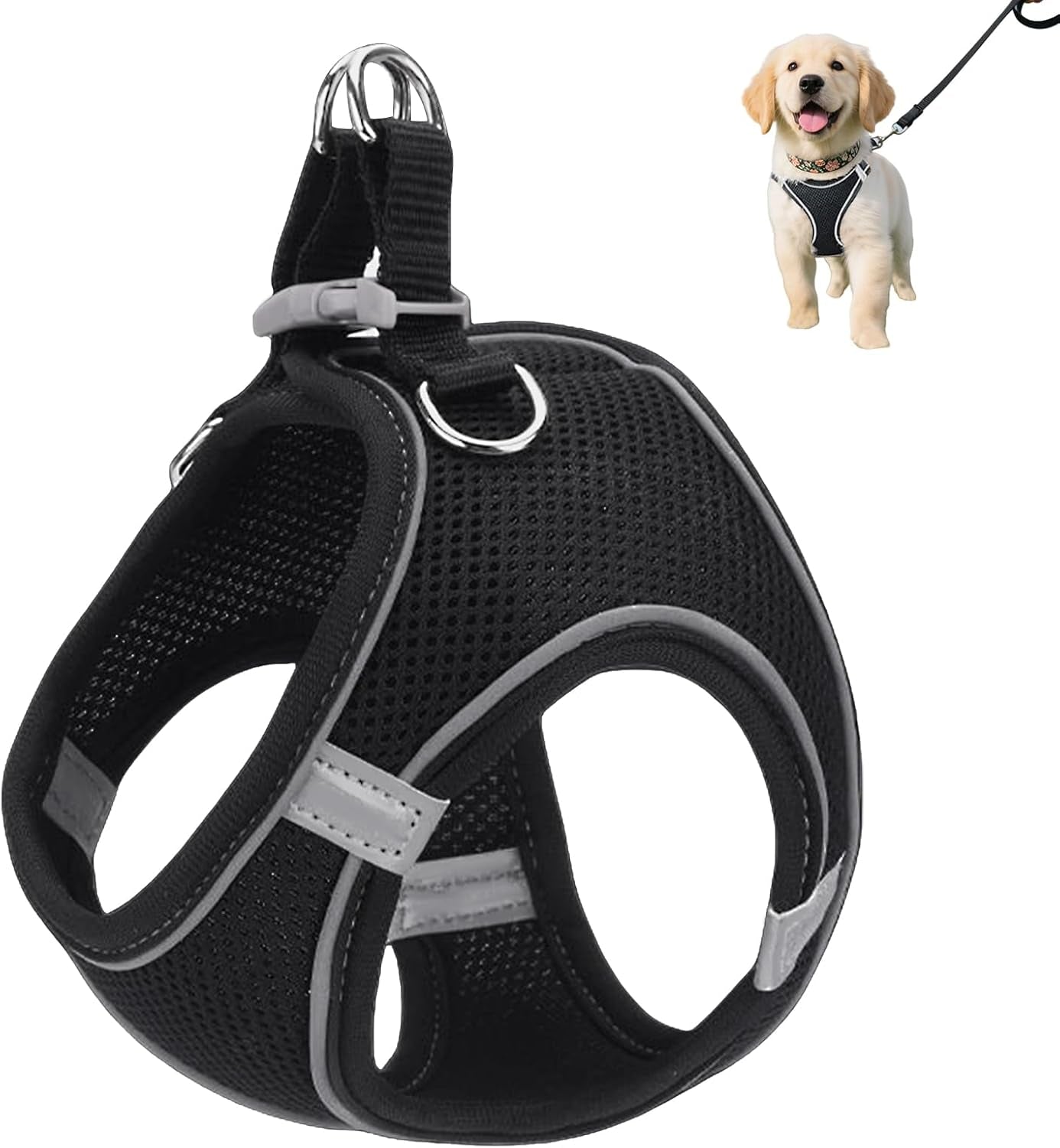 Small Cat Dog Harness, Escape Proof Reflective Step-In Vest Harness, Breathable Mesh Soft Vest Harnesses with Safety Buckle, Adjustable for Extra Small Dogs, Puppy, Kitten and Cats (Black, S)