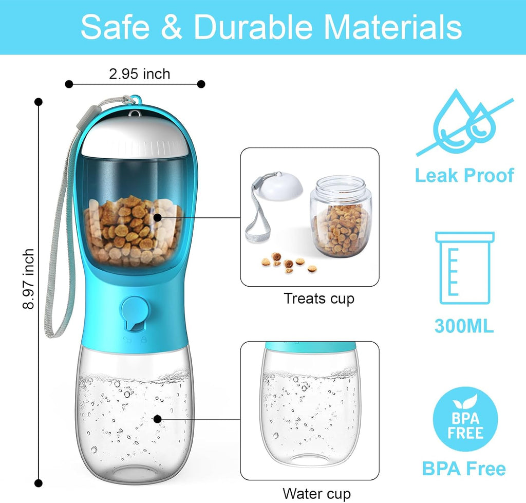 3 in 1 Portable Dog Water Bottle with Food Container and Waste Bag, Multifunctional Pet Travel Water Dispenser Water Bottle for outside Drinking and Eating, Suitable for Puppy and Cats
