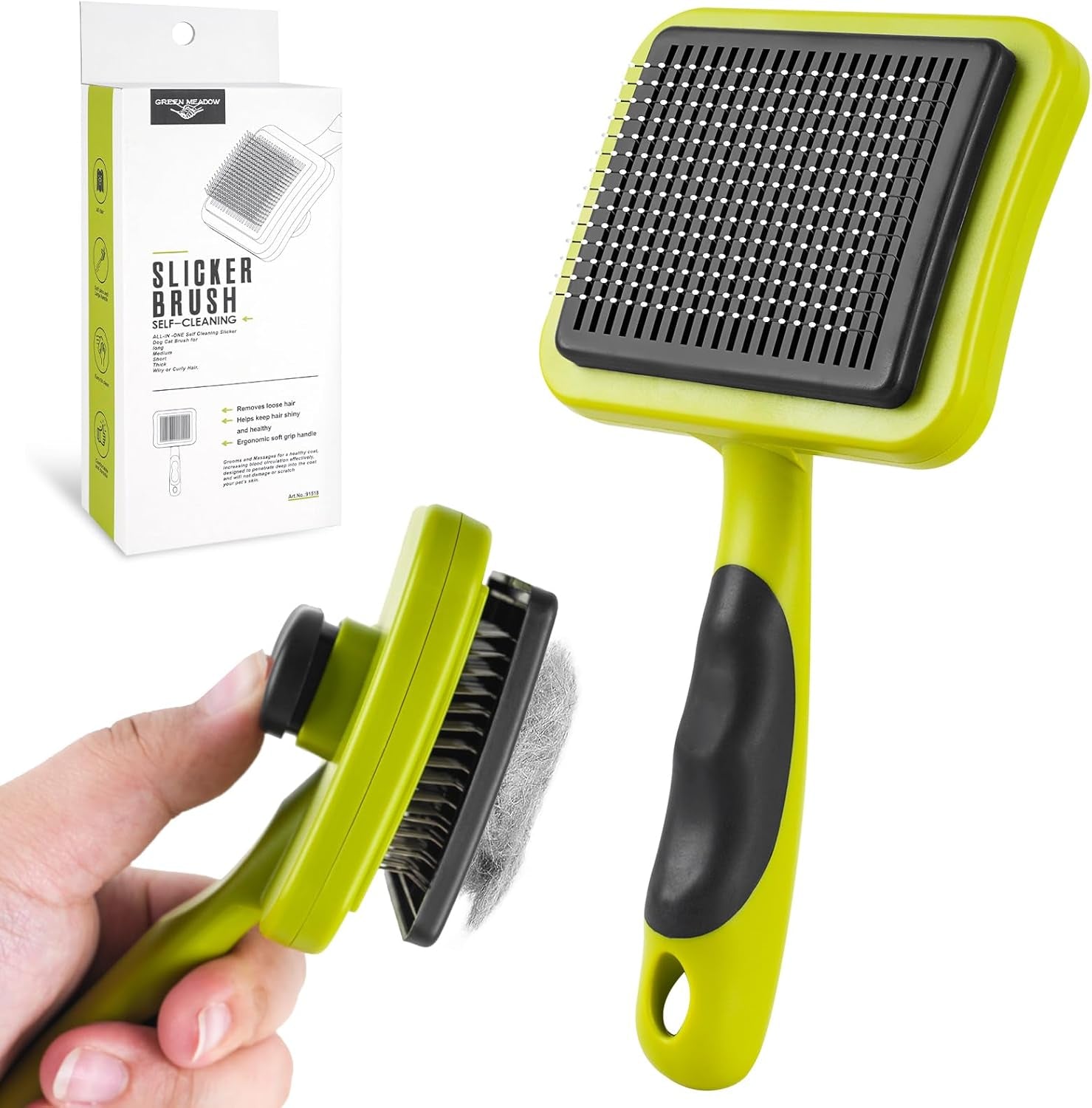 Dog Brush Cat Brush, Cat Grooming Comb Self Cleaning Pet Hair Comb with Button Dog Grooming Tool for Small, Medium & Large Pet Shedding Massage Clean (Green)